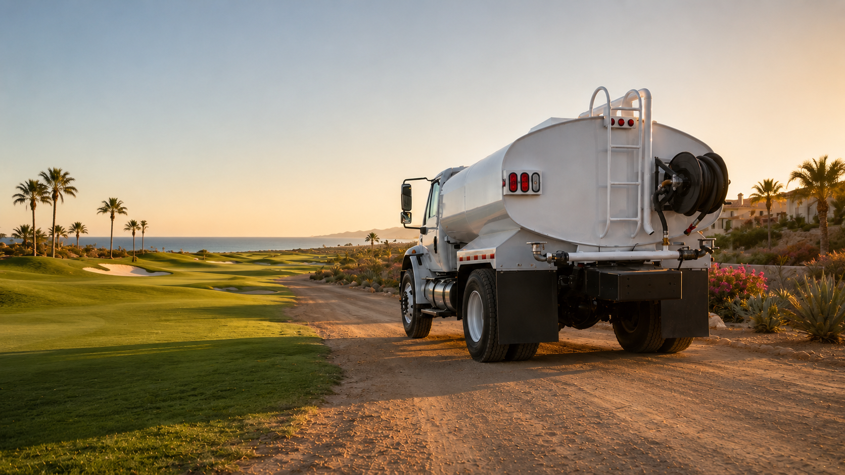 MR Machinery water truck at sunset on a desert road